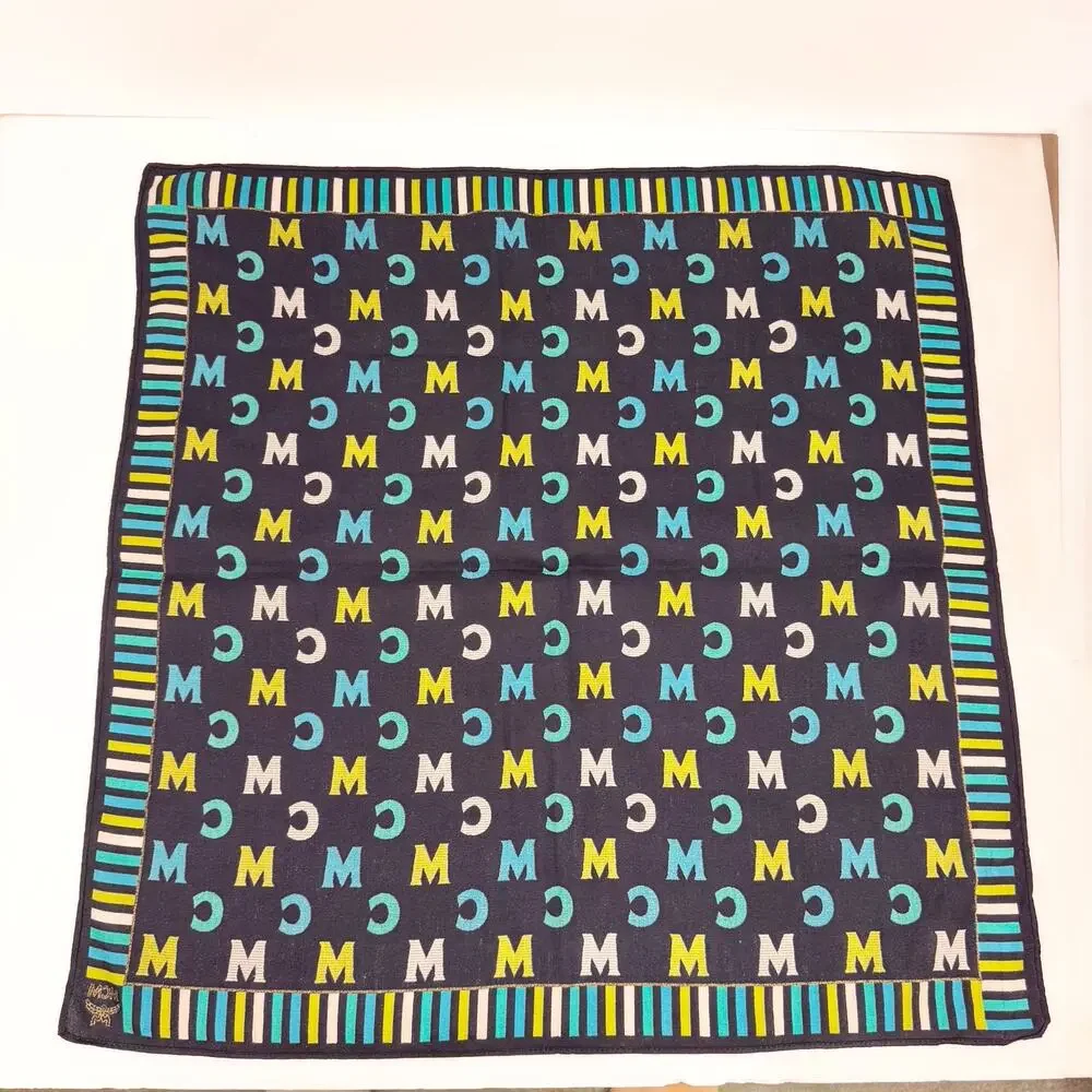 MCM Green Blue Striped Logo Square Accessories Scarf Lightweight Preppy Academia